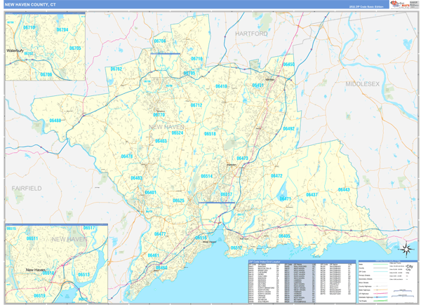 New Haven County, CT Wall Map Basic Style